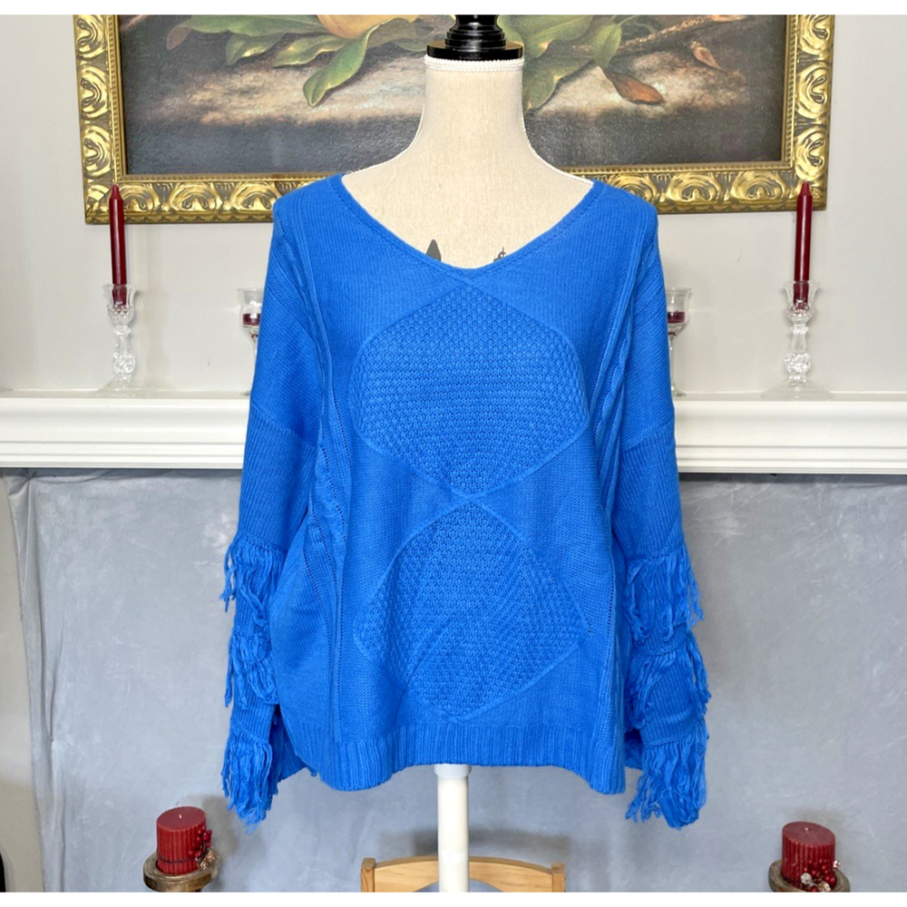 Umgee USA Blue Fringe Sleeve Sweater Boho Chunky Medium Oversized